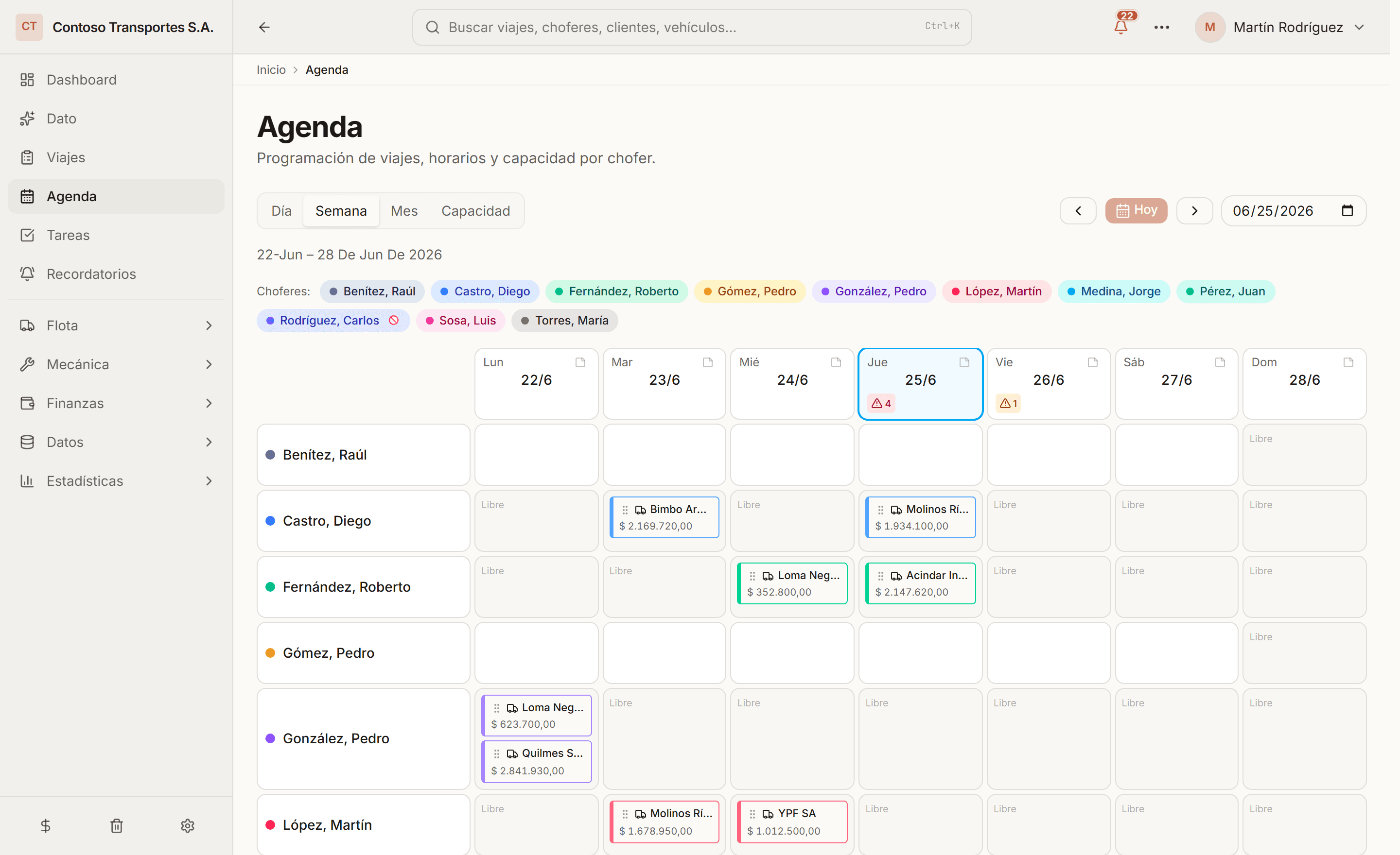 Agenda semanal con los viajes programados por chofer